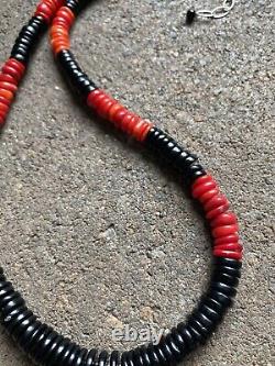 Sterling Silver Black Onyx W Red Coral Bead Necklace. 18 Inch