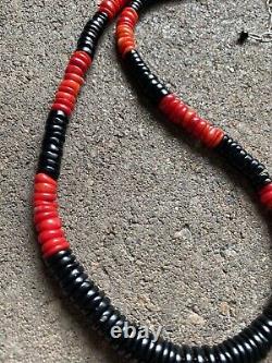 Sterling Silver Black Onyx W Red Coral Bead Necklace. 18 Inch