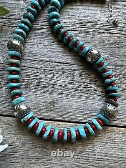 Sterling Silver Blue Turquoise Red Bamboo Coral Bead Necklace. 18 inch