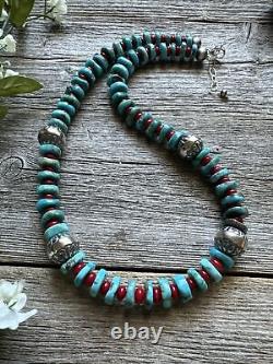 Sterling Silver Blue Turquoise Red Bamboo Coral Bead Necklace. 18 inch