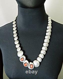 Sterling Silver Flower Patterned Disk with Coral Bead Necklace