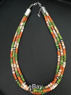 Sterling Silver Green Turquoise, Coral Bead Necklace