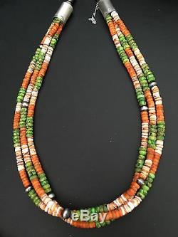 Sterling Silver Green Turquoise, Coral Bead Necklace