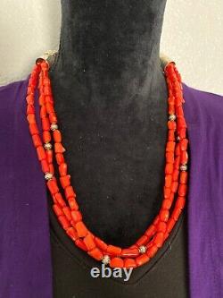 Sterling Silver Multi Strand Bamboo Coral Bead Necklace. 22 inch