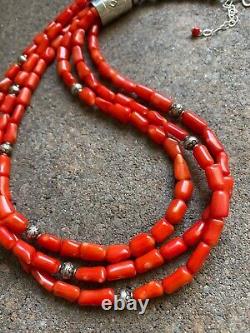 Sterling Silver Multi Strand Bamboo Coral Bead Necklace. 22 inch
