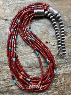 Sterling Silver Multi Strand Multi Stone Red Coral Bead Necklace 24 Inch