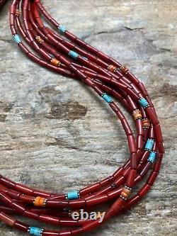 Sterling Silver Multi Strand Multi Stone Red Coral Bead Necklace 24 Inch