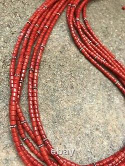 Sterling Silver Multi Strand Red Bamboo Coral Bead Necklace. 22 inch