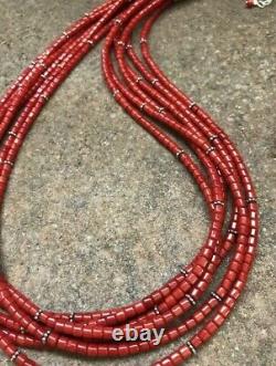 Sterling Silver Multi Strand Red Bamboo Coral Bead Necklace. 22 inch