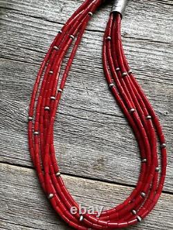 Sterling Silver Multi Strand Red Coral Bead Necklace 22 Inch