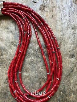 Sterling Silver Multistrand Coral Bead Necklace 22 Inch