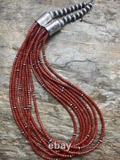 Sterling Silver Multistrand Red Coral Bead Necklace 22 Inch