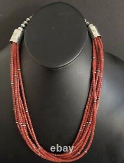 Sterling Silver Multistrand Red Coral Bead Necklace 22 Inch
