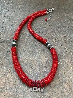Sterling Silver Red Coral Bead Necklace. 18 inch