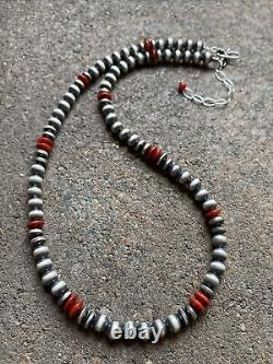 Sterling Silver Red Coral W 6mm Pearls Bead Necklace 18 inch