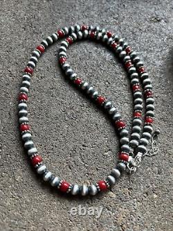Sterling Silver Red Coral W 6mm Pearls Bead Necklace. 24 inch