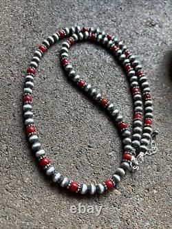 Sterling Silver Red Coral W 6mm Pearls Bead Necklace. 24 inch