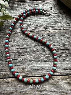 Sterling Silver Round Turquoise Coral Bead Necklace. 18 inch