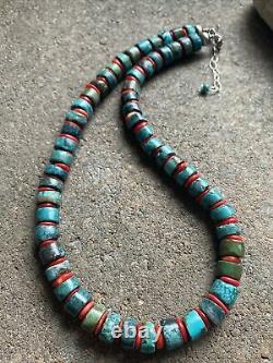 Sterling Silver Turquoise Coral Heishi Bead Necklace. 18 inch