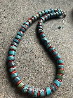 Sterling Silver Turquoise Coral Heishi Bead Necklace. 18 inch