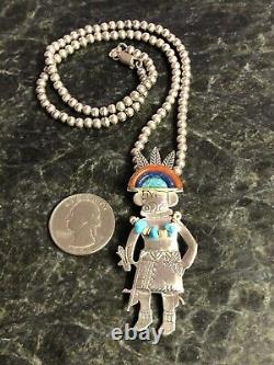 Sterling Silver Turquoise Coral Kachina Pendant 4mm Bead Necklace 925 C Pollack