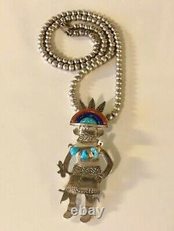 Sterling Silver Turquoise Coral Kachina Pendant 4mm Bead Necklace 925 C Pollack