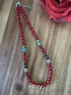 Sterling silver red coral bead necklace 18 inch