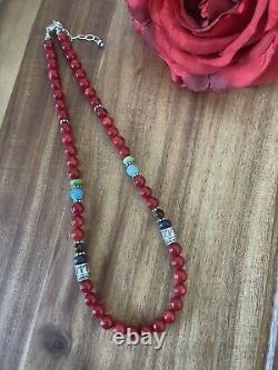 Sterling silver red coral bead necklace 18 inch