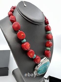 Studio BARSE Turquoise & Coral 19 Necklace 925 Sterling Pendant NIB 316576