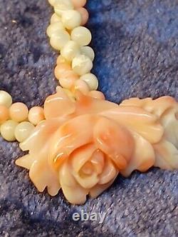 Stunning 14K Braided Pink Salmon Coral Rice Pearls Necklace with Carved Rose Clasp