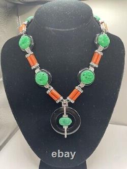 Stunning Htf Kenneth Jay Lane Jade Onyx Coral Crystal Necklace Signed