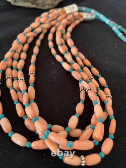 Stunning! Navajo Pink Coral 5S Sterling Silver Turquoise Bead Necklace 24 1146