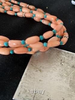 Stunning! Navajo Pink Coral 5S Sterling Silver Turquoise Bead Necklace 24 1146