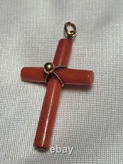 Stunning Rare Antique Natural Red Spicy Salmon Coral Cross 9ct 9K Gold