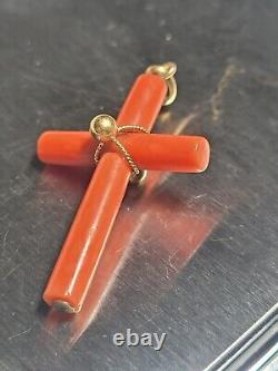 Stunning Rare Antique Natural Red Spicy Salmon Coral Cross 9ct 9K Gold