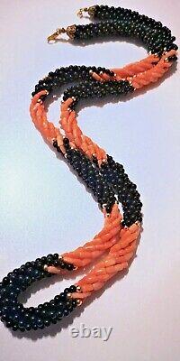 Stunning Vintage Long Natural Angel Skin Coral/ Black Onyx Necklace