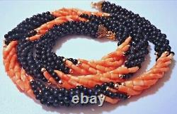 Stunning Vintage Long Natural Angel Skin Coral/ Black Onyx Necklace