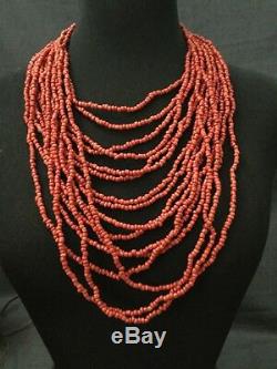 Stunning vtg Red coral glass seed Beads 16 strand necklace/ Wood buckle/20in
