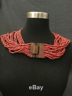 Stunning vtg Red coral glass seed Beads 16 strand necklace/ Wood buckle/20in