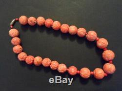 Superb Antique Old Genuine Natural Carved Undyed Red Coral Bead Chinese Necklace