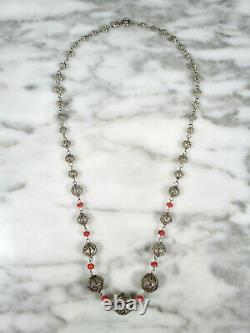 Superb Antique Victorian European Silver Filigree Italian Coral Beaded Necklace