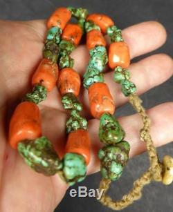 TIBETAN REAL CORAL and REAL TURQUOISE small BEAD NECKLACE