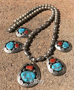 Teddy Goodluck Navajo Sterling Silver Shadowbox Turquoise & Coral Bead Necklace
