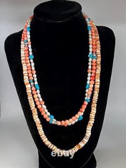 Three Blue Turquoise Angel Coral Spiny Oyster, Pearl Necklaces Native American H