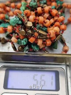 Tibetan Nepalese Turquoise Gemstone Undyed Coral Copper bead long Necklace