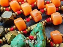 Tibetan Nepalese Turquoise Gemstone Undyed Coral Copper bead long Necklace