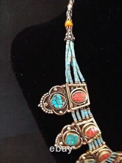 Tibetan Silver Necklace Coral? Turquoise Bead Pendants Multi Strands Vintage 20