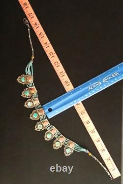 Tibetan Silver Necklace Coral? Turquoise Bead Pendants Multi Strands Vintage 20