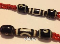 Tibetan bead antique milky black Chinese coral dzi Agate Mala prayer necklace