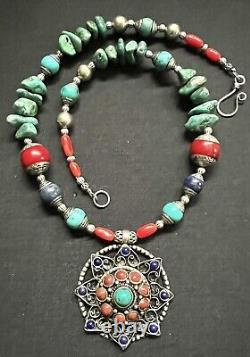 Tibetan turquoise, Lapis & Coral lotus flower With Capped Nepalese Beads Necklace